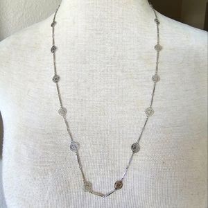 AVON silver tone long Filigree flower disk necklace and bracelet